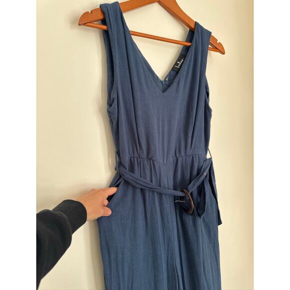 Lulu's Wide Leg Cotton Belted Jumpsuit in Blue Size Medium - Picture 3 of 8